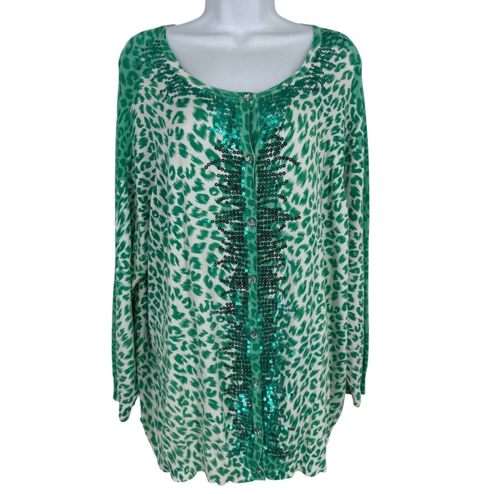 Quacker Factory Womens Long Sleeve Crew Neck Sequin Button Front Cardigan 1X